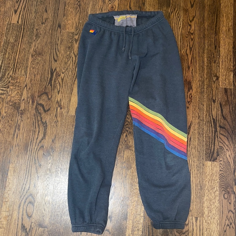AVIATOR NATION Charcoal Sweatpants with Rainbow Stripes. ACCEPTING OFFERS
